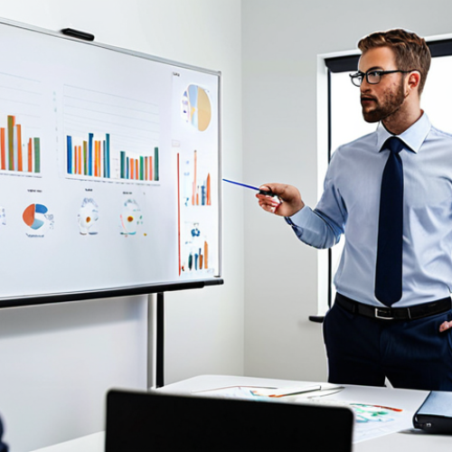 Home 14 **
A confident business consultant standing in front of a whiteboard filled with data charts and graphs, presenting to a group of attentive executives. The scene is a modern, well-lit office. The consultant is using a laser pointer, emphasizing a specific data point related to a 20% increase in efficiency. Focus on conveying expertise, data-driven results, and a professional atmosphere. (Style: Realistic, Corporate Photography)
**