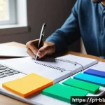 기업경영지도사 시험 후기 및 팁 - A focused young adult studying at a modern desk in a cozy home office, with a well-organized weekly ...