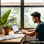 기업경영지도사 시험 준비 도구 추천 - A focused young adult studying at a modern, cozy home office in Brazil, using a laptop with Google C...