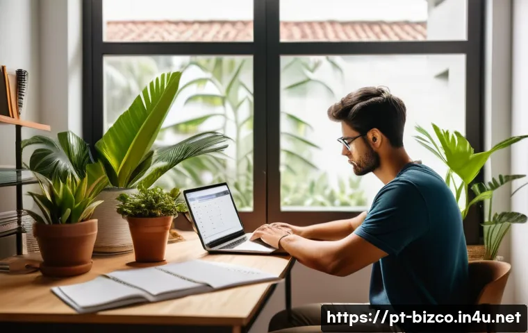기업경영지도사 시험 준비 도구 추천 - A focused young adult studying at a modern, cozy home office in Brazil, using a laptop with Google C...